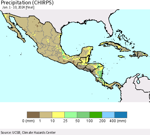 Mexico Central America and the Caribbean Precipitation (CHIRPS) Thematic Map For 1/1/2024 - 1/10/2024