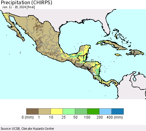 Mexico Central America and the Caribbean Precipitation (CHIRPS) Thematic Map For 1/11/2024 - 1/20/2024