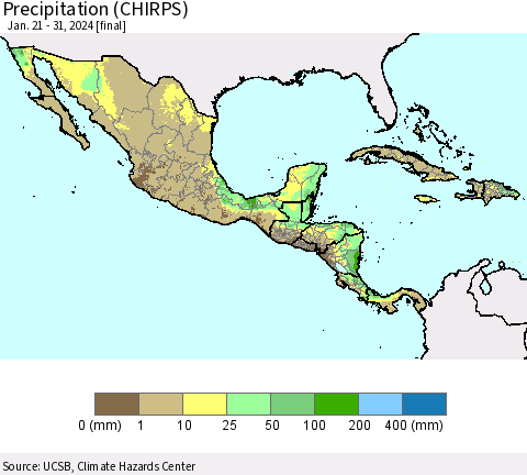 Mexico Central America and the Caribbean Precipitation (CHIRPS) Thematic Map For 1/21/2024 - 1/31/2024