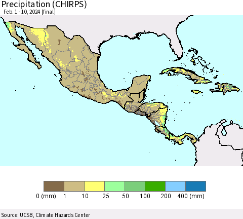 Mexico Central America and the Caribbean Precipitation (CHIRPS) Thematic Map For 2/1/2024 - 2/10/2024