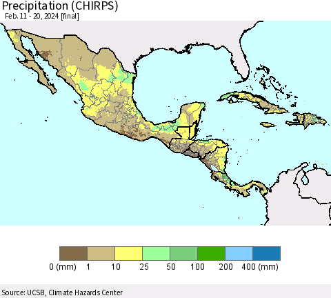 Mexico Central America and the Caribbean Precipitation (CHIRPS) Thematic Map For 2/11/2024 - 2/20/2024