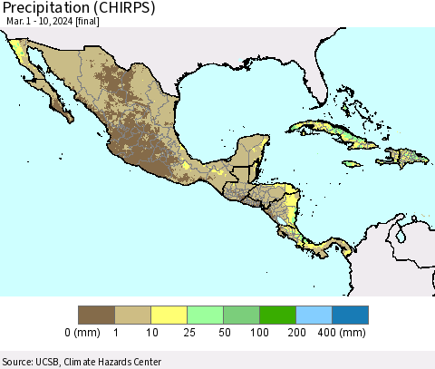 Mexico Central America and the Caribbean Precipitation (CHIRPS) Thematic Map For 3/1/2024 - 3/10/2024