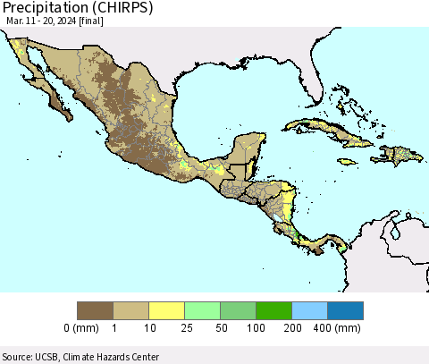 Mexico Central America and the Caribbean Precipitation (CHIRPS) Thematic Map For 3/11/2024 - 3/20/2024