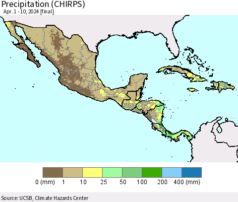 Mexico Central America and the Caribbean Precipitation (CHIRPS) Thematic Map For 4/1/2024 - 4/10/2024