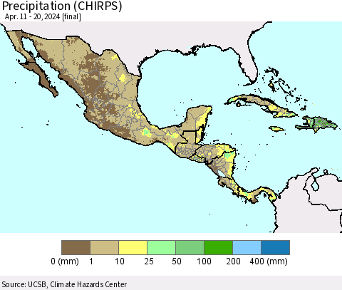 Mexico Central America and the Caribbean Precipitation (CHIRPS) Thematic Map For 4/11/2024 - 4/20/2024