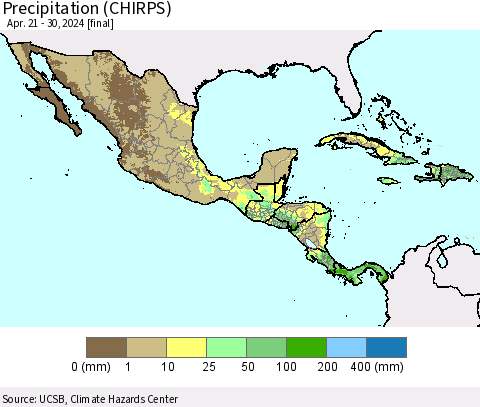 Mexico Central America and the Caribbean Precipitation (CHIRPS) Thematic Map For 4/21/2024 - 4/30/2024