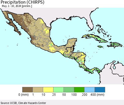 Mexico Central America and the Caribbean Precipitation (CHIRPS) Thematic Map For 5/1/2024 - 5/10/2024