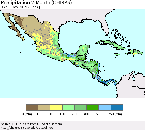 Mexico Central America and the Caribbean Precipitation 2-Month (CHIRPS) Thematic Map For 10/1/2021 - 11/30/2021