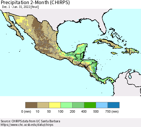 Mexico Central America and the Caribbean Precipitation 2-Month (CHIRPS) Thematic Map For 12/1/2021 - 1/31/2022