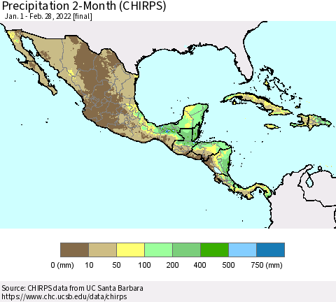 Mexico Central America and the Caribbean Precipitation 2-Month (CHIRPS) Thematic Map For 1/1/2022 - 2/28/2022