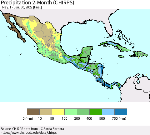 Mexico Central America and the Caribbean Precipitation 2-Month (CHIRPS) Thematic Map For 5/1/2022 - 6/30/2022