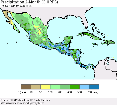Mexico Central America and the Caribbean Precipitation 2-Month (CHIRPS) Thematic Map For 8/1/2022 - 9/30/2022