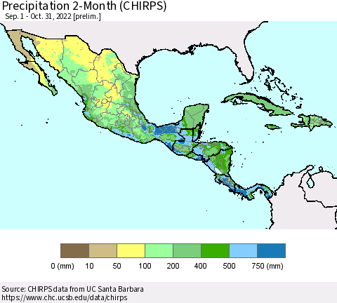 Mexico Central America and the Caribbean Precipitation 2-Month (CHIRPS) Thematic Map For 9/1/2022 - 10/31/2022
