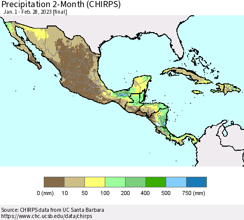 Mexico Central America and the Caribbean Precipitation 2-Month (CHIRPS) Thematic Map For 1/1/2023 - 2/28/2023