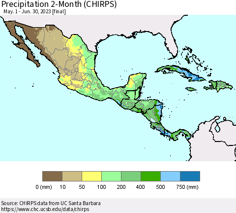 Mexico Central America and the Caribbean Precipitation 2-Month (CHIRPS) Thematic Map For 5/1/2023 - 6/30/2023