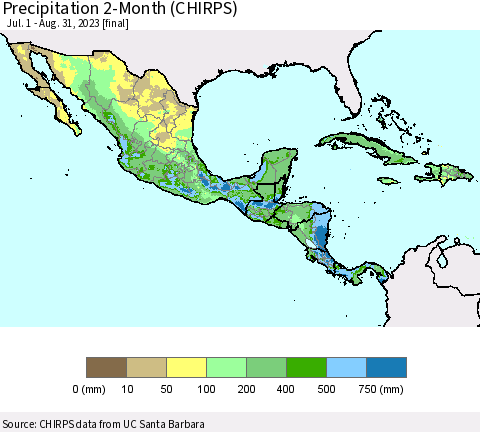 Mexico Central America and the Caribbean Precipitation 2-Month (CHIRPS) Thematic Map For 7/1/2023 - 8/31/2023