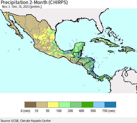 Mexico Central America and the Caribbean Precipitation 2-Month (CHIRPS) Thematic Map For 11/1/2023 - 12/31/2023