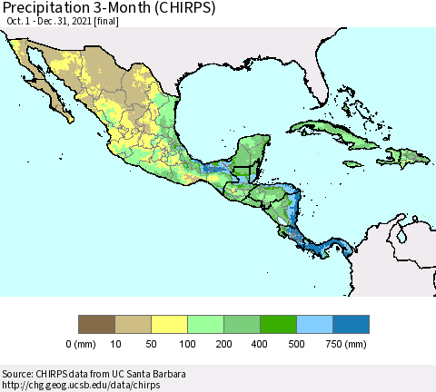 Mexico Central America and the Caribbean Precipitation 3-Month (CHIRPS) Thematic Map For 10/1/2021 - 12/31/2021