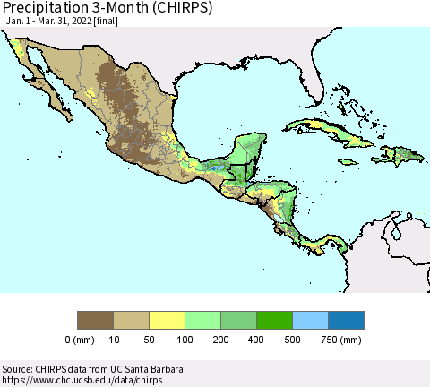 Mexico Central America and the Caribbean Precipitation 3-Month (CHIRPS) Thematic Map For 1/1/2022 - 3/31/2022