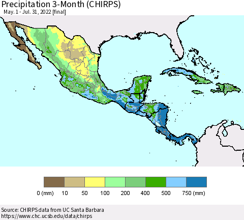 Mexico Central America and the Caribbean Precipitation 3-Month (CHIRPS) Thematic Map For 5/1/2022 - 7/31/2022