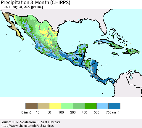 Mexico Central America and the Caribbean Precipitation 3-Month (CHIRPS) Thematic Map For 6/1/2022 - 8/31/2022