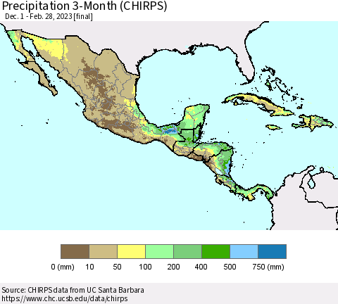 Mexico Central America and the Caribbean Precipitation 3-Month (CHIRPS) Thematic Map For 12/1/2022 - 2/28/2023