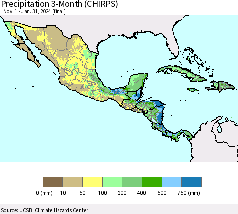 Mexico Central America and the Caribbean Precipitation 3-Month (CHIRPS) Thematic Map For 11/1/2023 - 1/31/2024