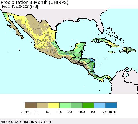 Mexico Central America and the Caribbean Precipitation 3-Month (CHIRPS) Thematic Map For 12/1/2023 - 2/29/2024