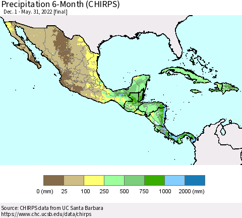 Mexico Central America and the Caribbean Precipitation 6-Month (CHIRPS) Thematic Map For 12/1/2021 - 5/31/2022