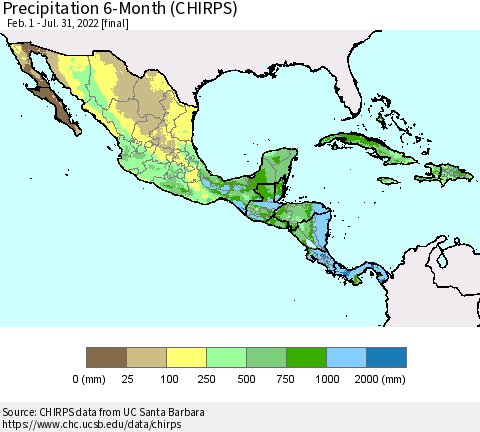 Mexico Central America and the Caribbean Precipitation 6-Month (CHIRPS) Thematic Map For 2/1/2022 - 7/31/2022