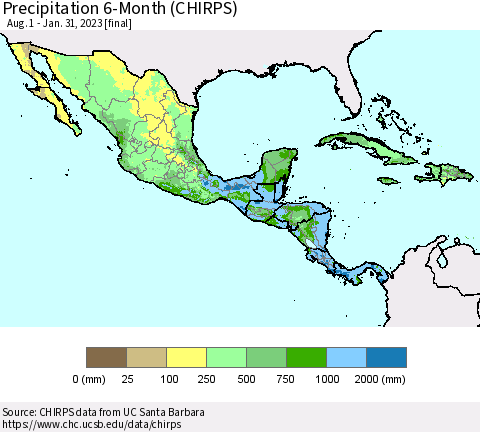 Mexico Central America and the Caribbean Precipitation 6-Month (CHIRPS) Thematic Map For 8/1/2022 - 1/31/2023