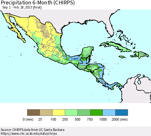 Mexico Central America and the Caribbean Precipitation 6-Month (CHIRPS) Thematic Map For 9/1/2022 - 2/28/2023