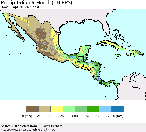 Mexico Central America and the Caribbean Precipitation 6-Month (CHIRPS) Thematic Map For 11/1/2022 - 4/30/2023