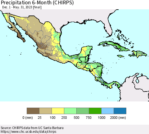 Mexico Central America and the Caribbean Precipitation 6-Month (CHIRPS) Thematic Map For 12/1/2022 - 5/31/2023