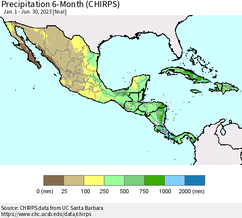 Mexico Central America and the Caribbean Precipitation 6-Month (CHIRPS) Thematic Map For 1/1/2023 - 6/30/2023