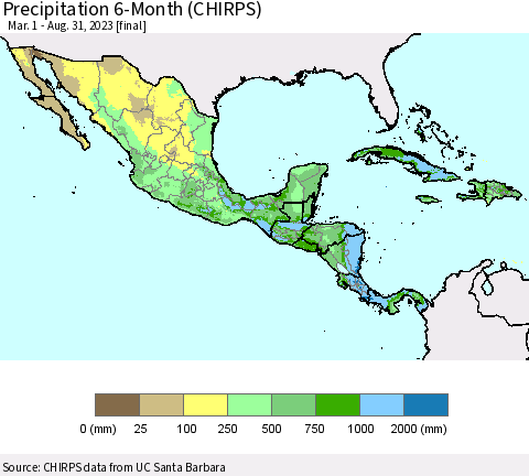 Mexico Central America and the Caribbean Precipitation 6-Month (CHIRPS) Thematic Map For 3/1/2023 - 8/31/2023