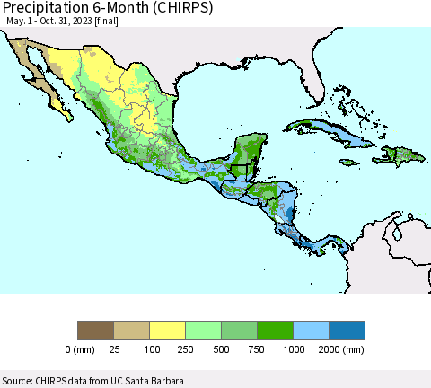 Mexico Central America and the Caribbean Precipitation 6-Month (CHIRPS) Thematic Map For 5/1/2023 - 10/31/2023