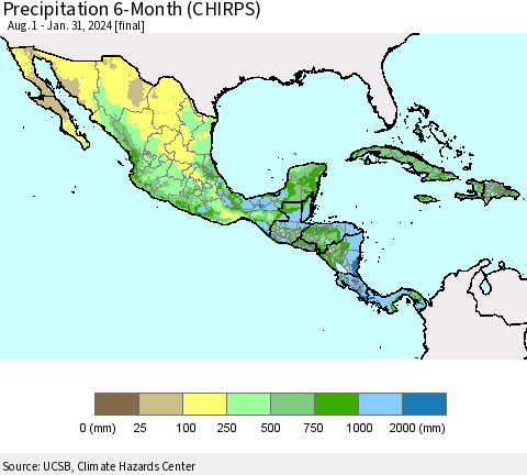 Mexico Central America and the Caribbean Precipitation 6-Month (CHIRPS) Thematic Map For 8/1/2023 - 1/31/2024