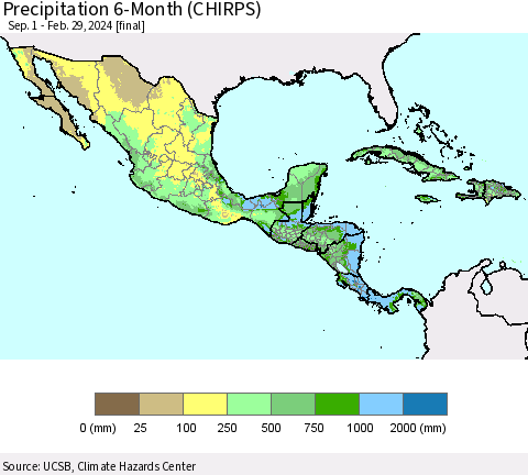 Mexico Central America and the Caribbean Precipitation 6-Month (CHIRPS) Thematic Map For 9/1/2023 - 2/29/2024