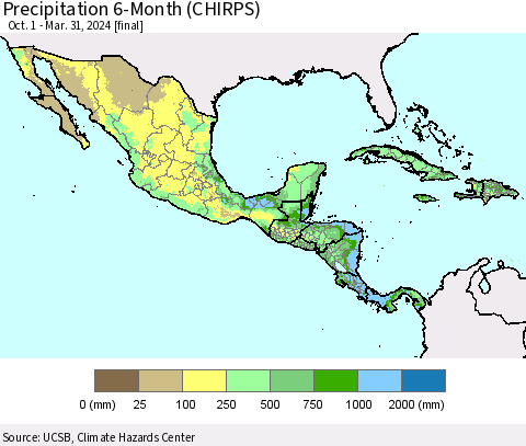 Mexico Central America and the Caribbean Precipitation 6-Month (CHIRPS) Thematic Map For 10/1/2023 - 3/31/2024