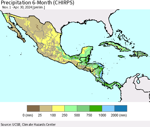 Mexico Central America and the Caribbean Precipitation 6-Month (CHIRPS) Thematic Map For 11/1/2023 - 4/30/2024