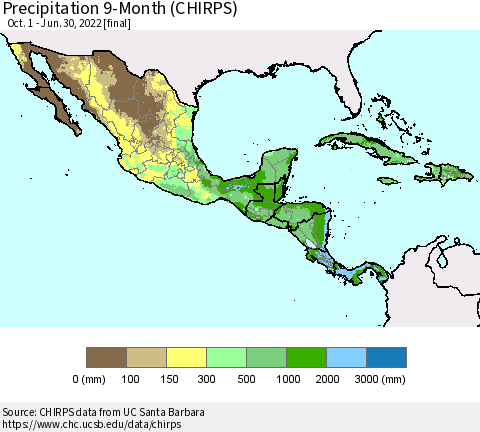Mexico Central America and the Caribbean Precipitation 9-Month (CHIRPS) Thematic Map For 10/1/2021 - 6/30/2022