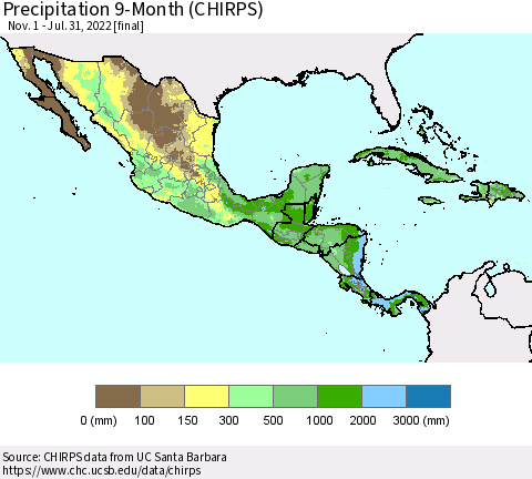 Mexico Central America and the Caribbean Precipitation 9-Month (CHIRPS) Thematic Map For 11/1/2021 - 7/31/2022