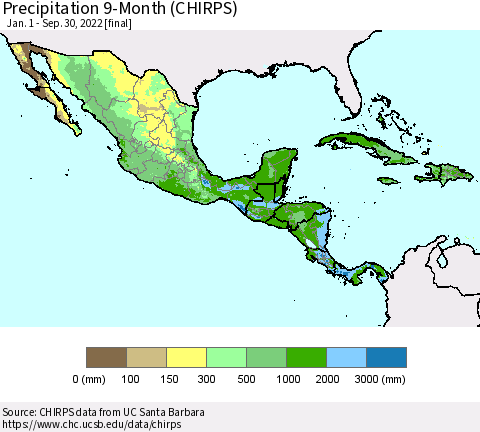 Mexico Central America and the Caribbean Precipitation 9-Month (CHIRPS) Thematic Map For 1/1/2022 - 9/30/2022