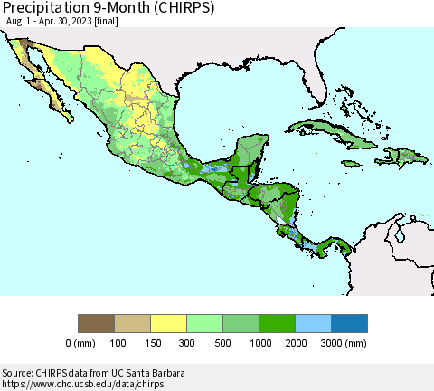 Mexico Central America and the Caribbean Precipitation 9-Month (CHIRPS) Thematic Map For 8/1/2022 - 4/30/2023