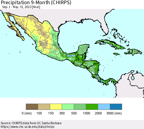 Mexico Central America and the Caribbean Precipitation 9-Month (CHIRPS) Thematic Map For 9/1/2022 - 5/31/2023