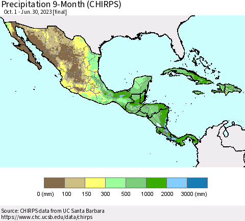 Mexico Central America and the Caribbean Precipitation 9-Month (CHIRPS) Thematic Map For 10/1/2022 - 6/30/2023