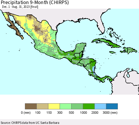 Mexico Central America and the Caribbean Precipitation 9-Month (CHIRPS) Thematic Map For 12/1/2022 - 8/31/2023