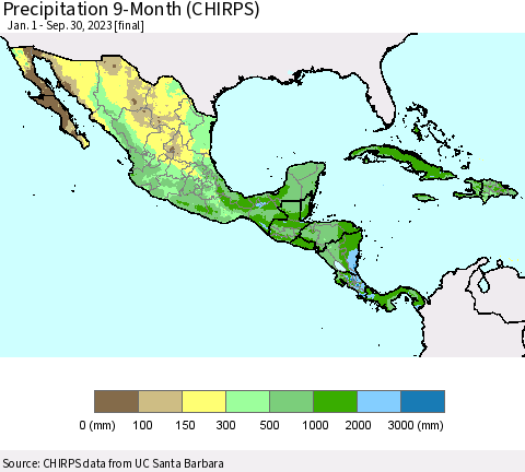 Mexico Central America and the Caribbean Precipitation 9-Month (CHIRPS) Thematic Map For 1/1/2023 - 9/30/2023
