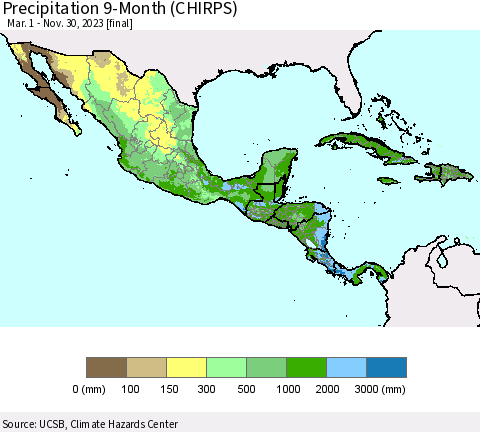Mexico Central America and the Caribbean Precipitation 9-Month (CHIRPS) Thematic Map For 3/1/2023 - 11/30/2023